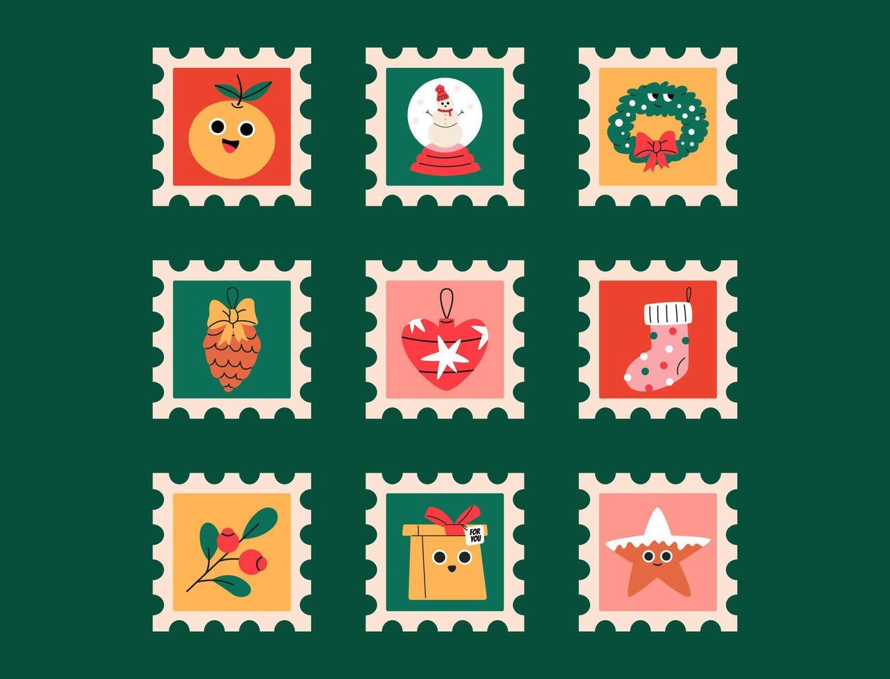 Christmas postage stamps set. Festive christmas characters and objects. Flat illustration. vector