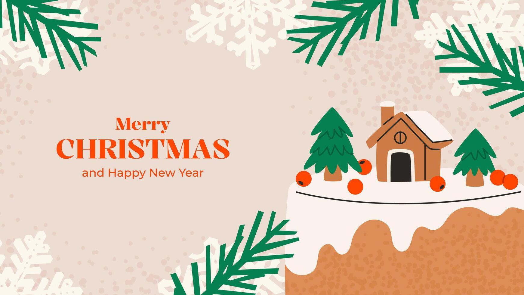 Merry Christmas horizontal background with Christmas cake and fir branches . Flat textured illustration. vector