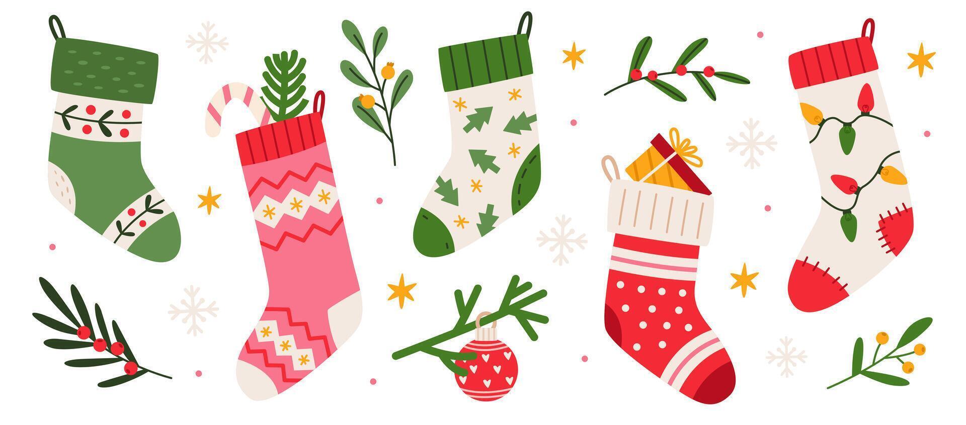 Set of colorful decorated christmas socks. Christmas stocking, sock shaped bags for winter holidays design. Flat illustration isolated on white background. vector