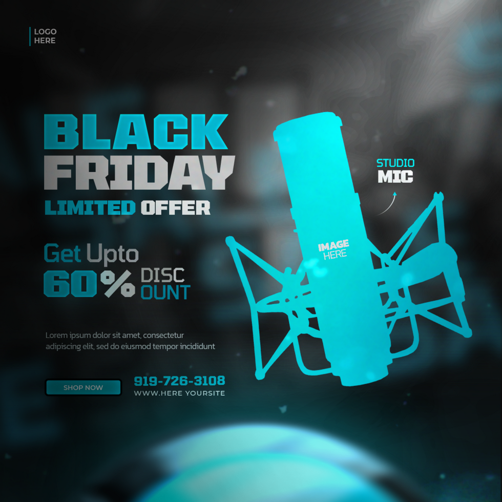black friday ad with a microphone and a blue background psd