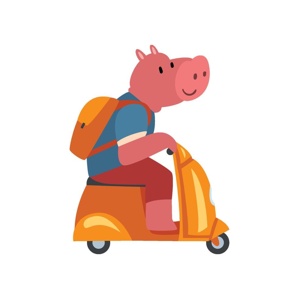 Pig with Backpack Riding Scooter, Funny Animal Character Using Vehicle Illustration vector