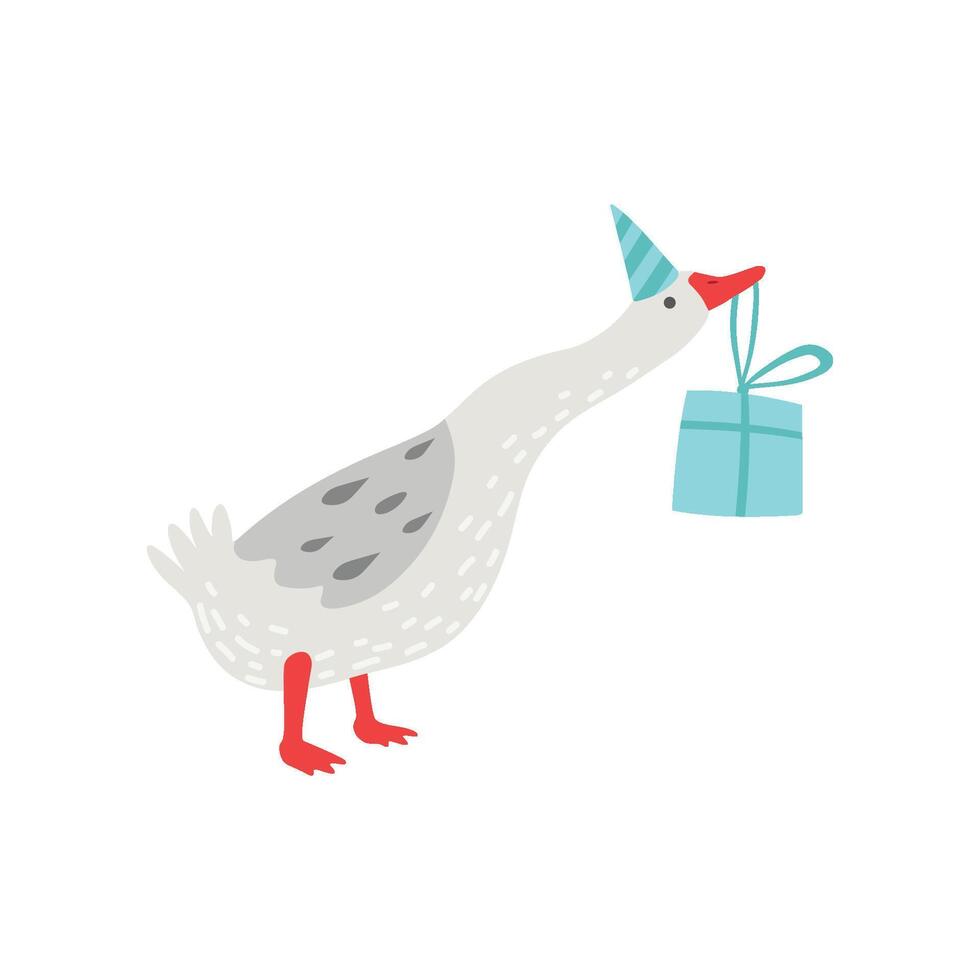 White Goose Holding Gift Box in Its Beak, Cute Bird Cartoon Character Wearing Party Hat Illustration vector