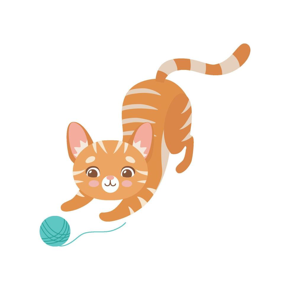 Striped Funny Red Cat Playing with Ball of Yarn, Cute Kitten Animal Pet Character Illustration vector