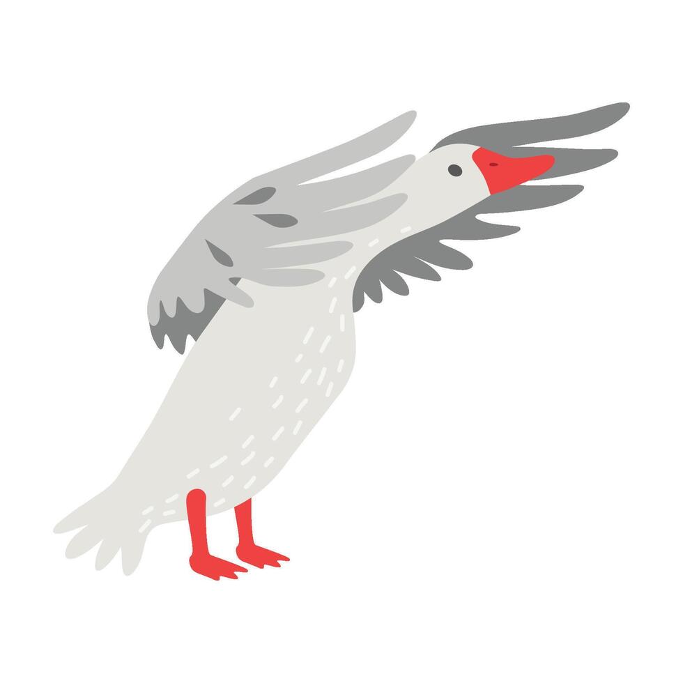 Cute White Goose Cartoon Character Flapping Its Gray Wings Illustration vector