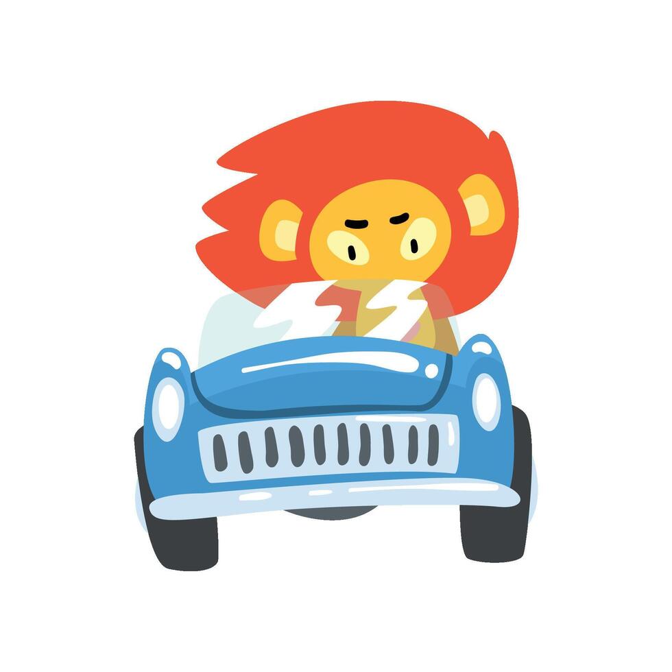 Lion Driving Blue Car, Wild Animal Character Using Vehicle Illustration vector