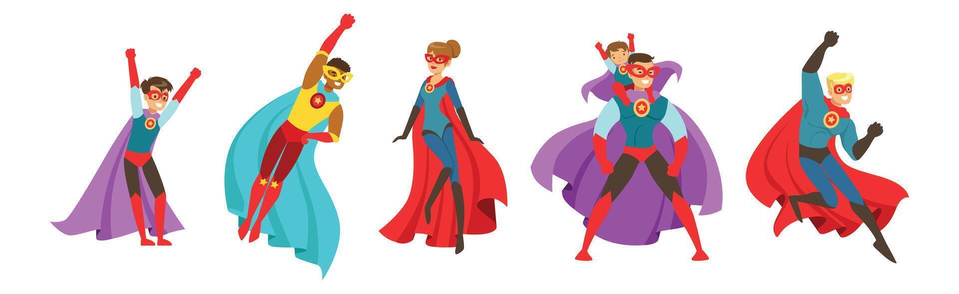 Man and Woman with Kid Superhero Character in Costume and Cloak Set vector