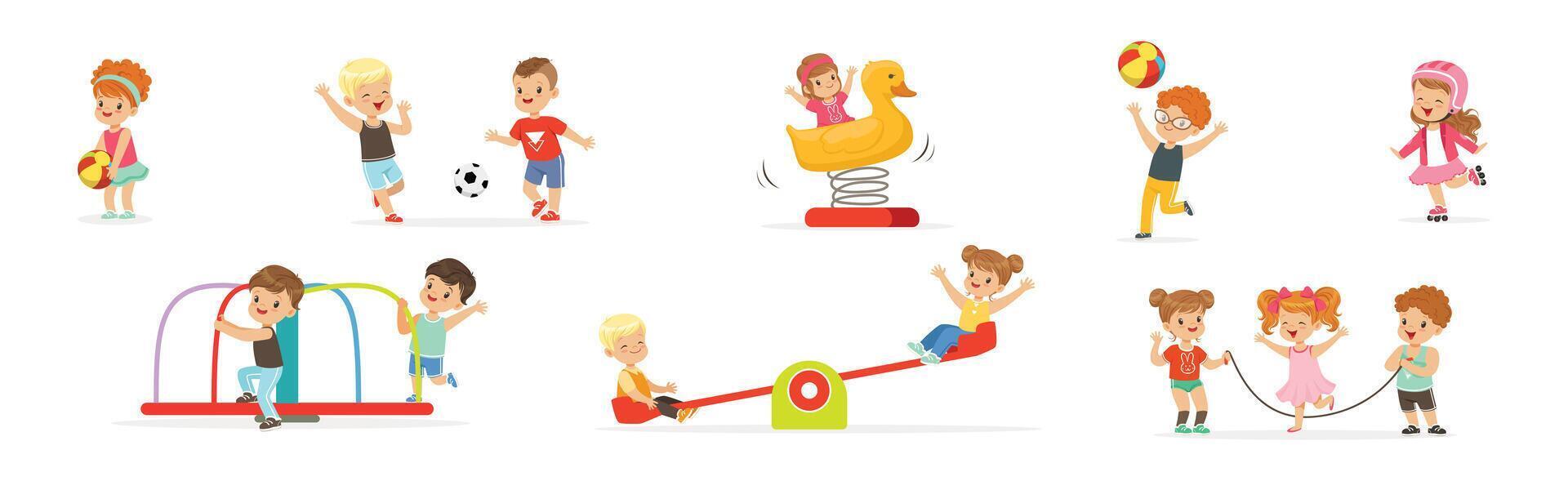 Funny Kids Playing at Playground and Have Fun Set vector