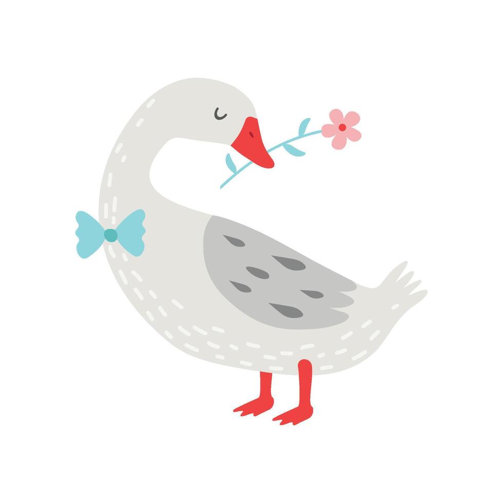 Cute White Goose Holding Flower in Its Beak Illustration, Bird Cartoon Character Wearing Bow Tie Illustration vector