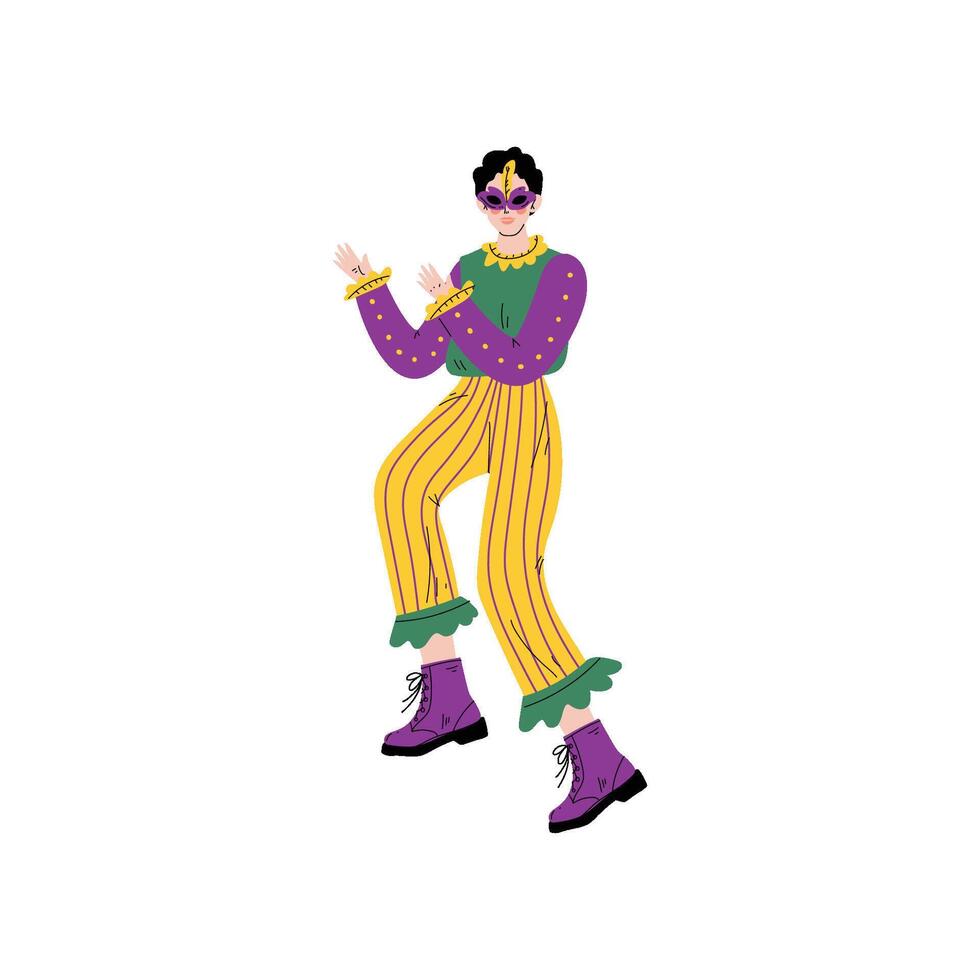 Man in Bright Mardi Gras Costume and Mask Celebrating Carnival Party Illustration vector