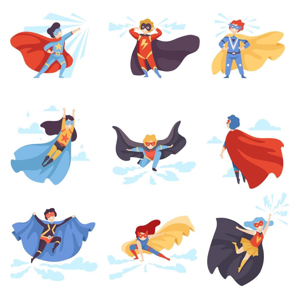 Cute Kids Wearing Superhero Costumes Set, Super Children Characters in Masks and Capes Illustration vector