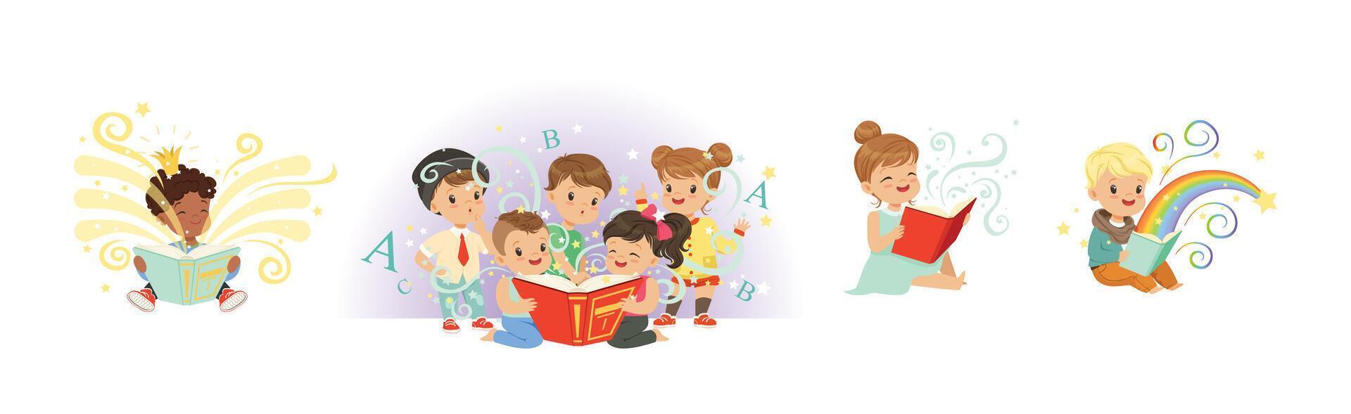 Little Boy and Girl Read Fairytale Book Dream of Imaginary World Set vector
