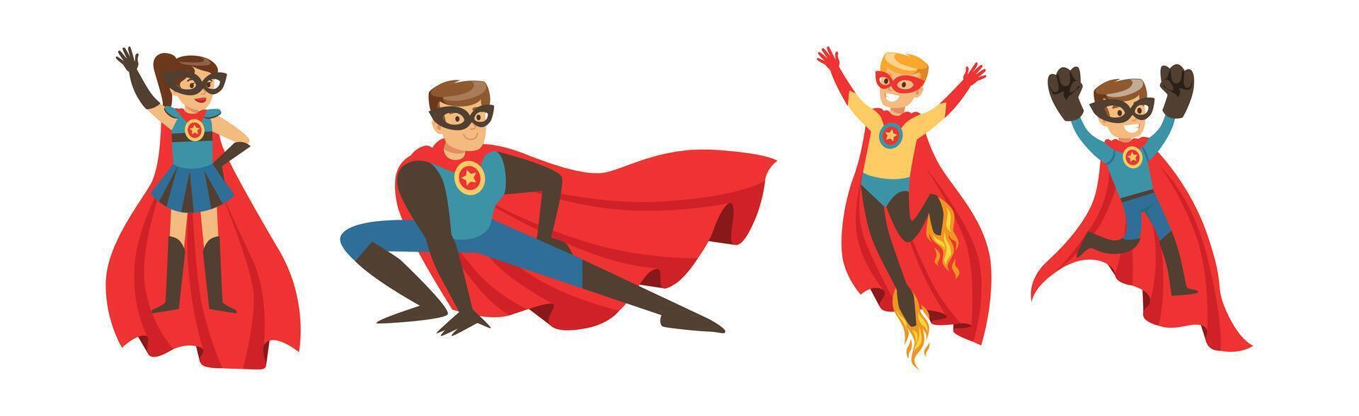 Man with Kid Superhero Character in Costume and Cloak Set vector