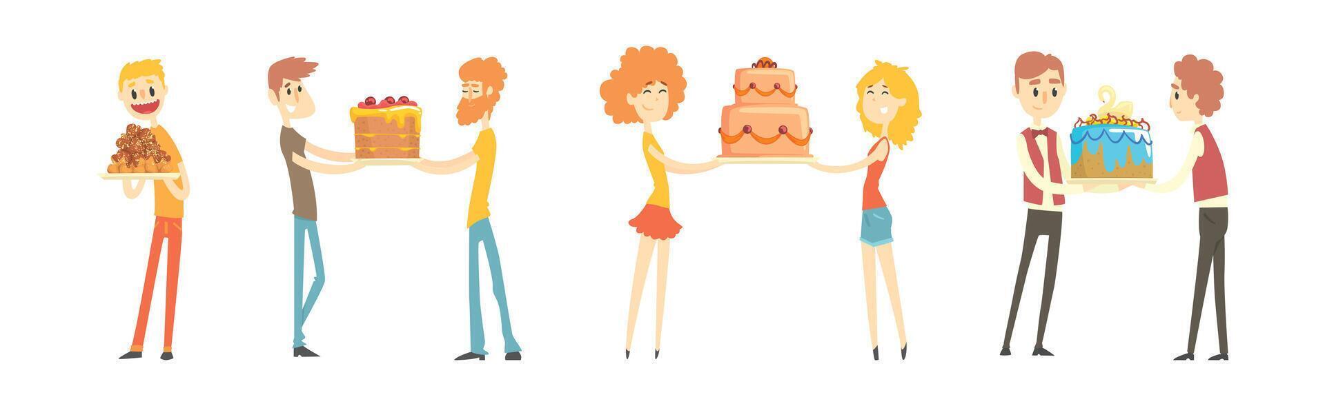 Happy People Character Holding Birthday Cake Set vector