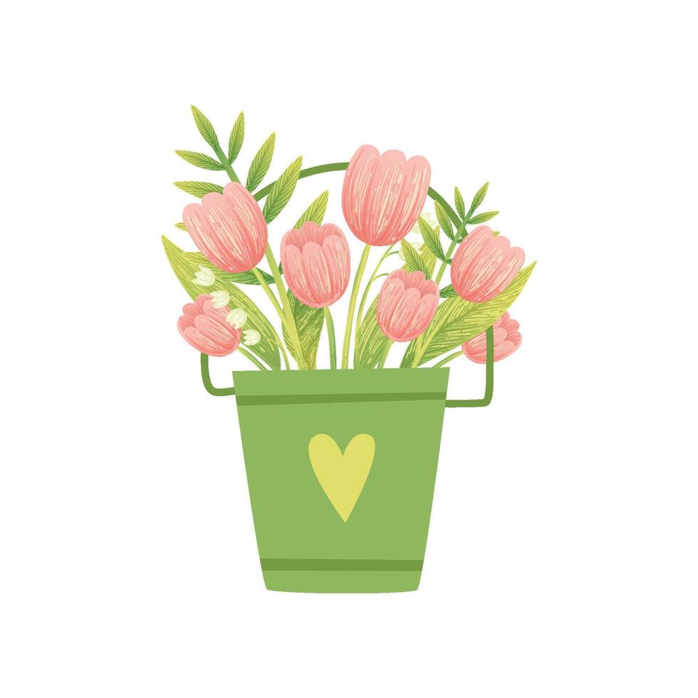 Bouquet of Pink Tulips in Green Bucket, Hello Spring Floral Design Template Illustration vector