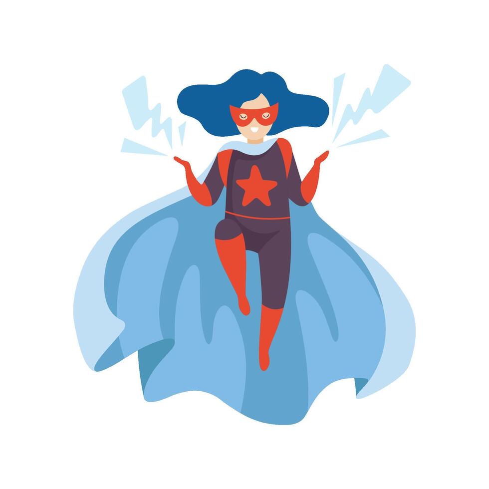 Cute Girl Wearing Superhero Costume, Super Child Character in Mask and Blue Cape with Lightnings Illustration vector