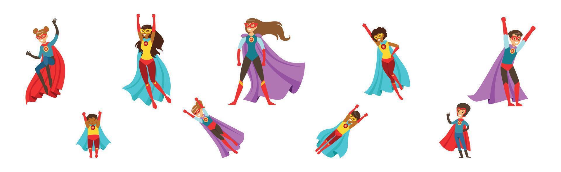 Woman with Kid Superhero Character in Costume and Cloak Set vector