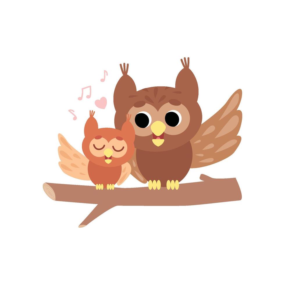 Mother Owl with Its Owlet, Cute Forest Birds Family Illustration on White Background. Illustration vector