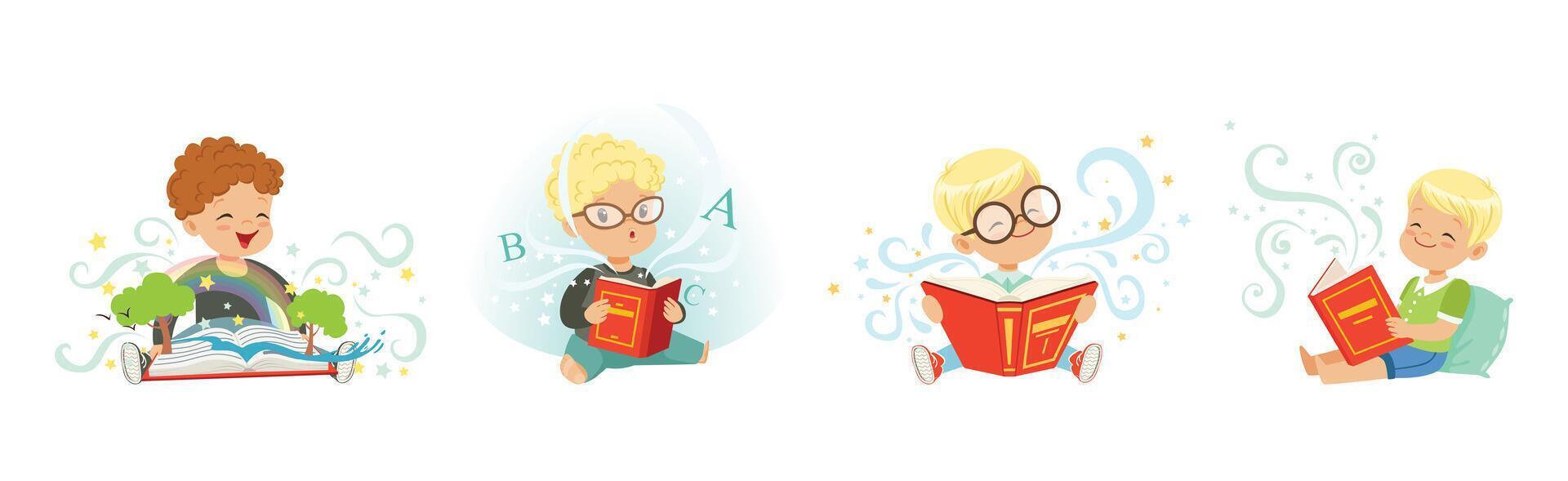 Little Boy Read Fairytale Book Dream of Imaginary World Set vector