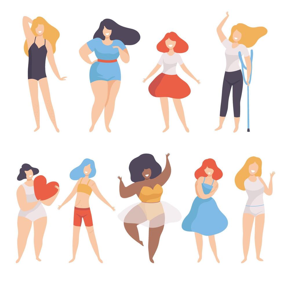 Collection of Women of Different Figure type and Height, Body Positive, Self Acceptance and Beauty Diversity Concept Illustration vector