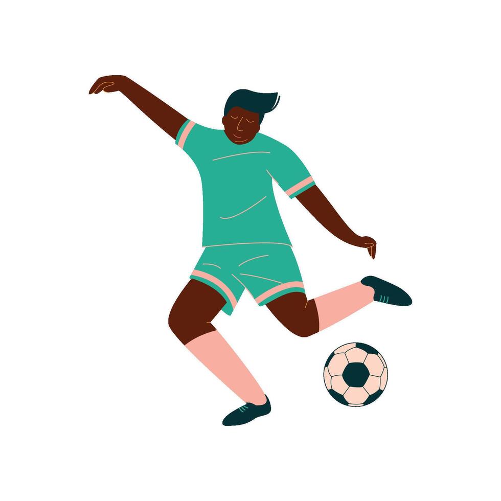 masculino fútbol jugador pateando pelota, africano americano masculino futbolista personaje en verde Deportes uniforme ilustración vector