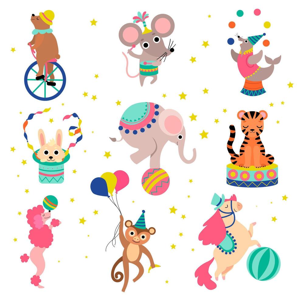 Cute Funny Animals Performing in Circus Show Set Illustration vector