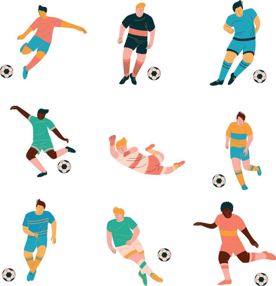 Soccer Players Set, Male Footballer Characters in Sports Uniform Playing in Different Positions Illustration vector