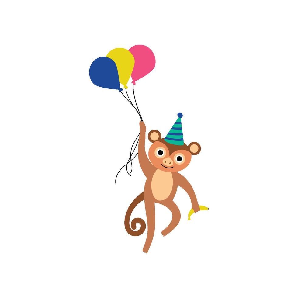 Monkey Wearing Party Hat Flying with Balloons, Cute Funny Animal Performing in Circus Show Illustration vector