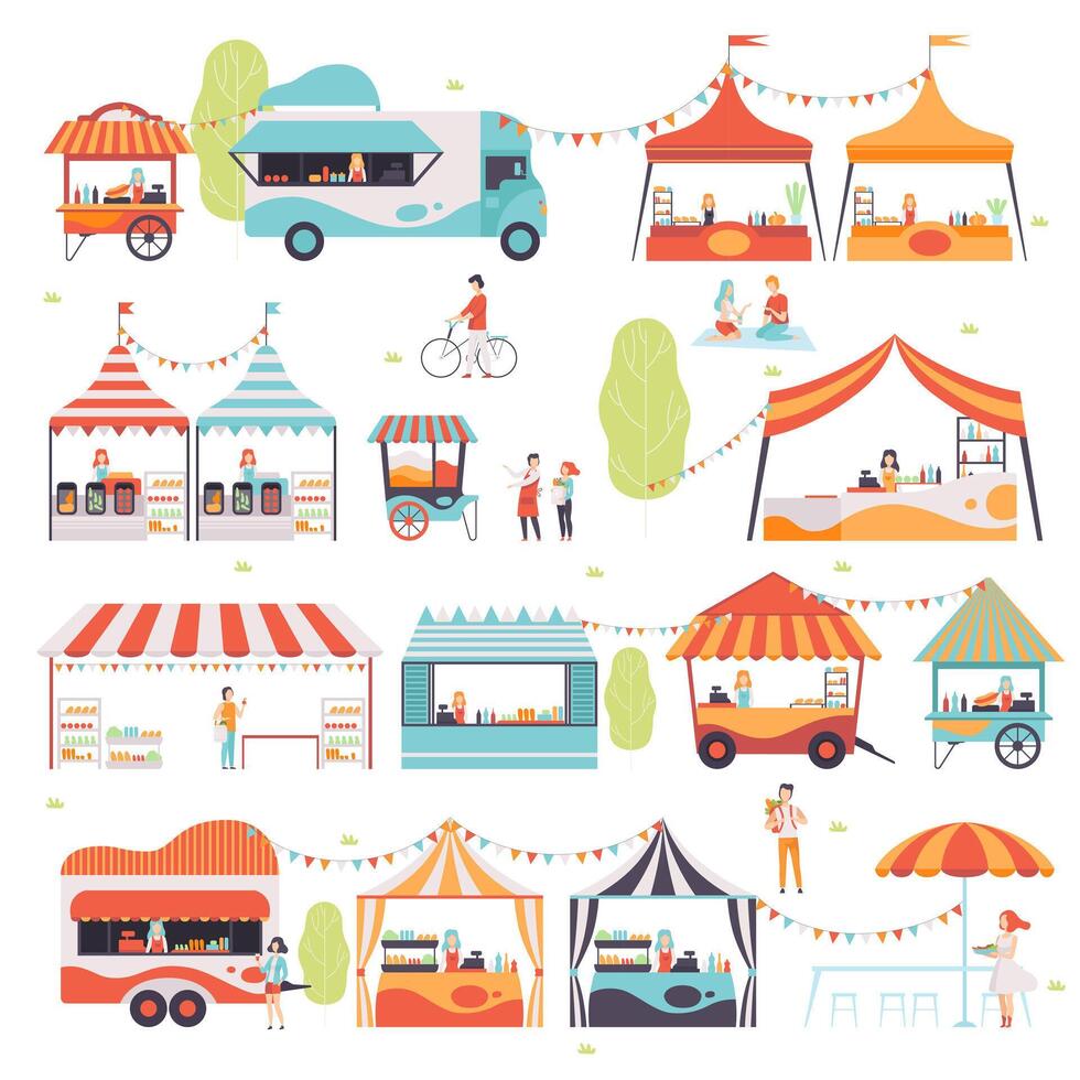 Street Food Set, Sellers Selling Food at Kiosk, Booth, Food Truck and Cart Illustration vector