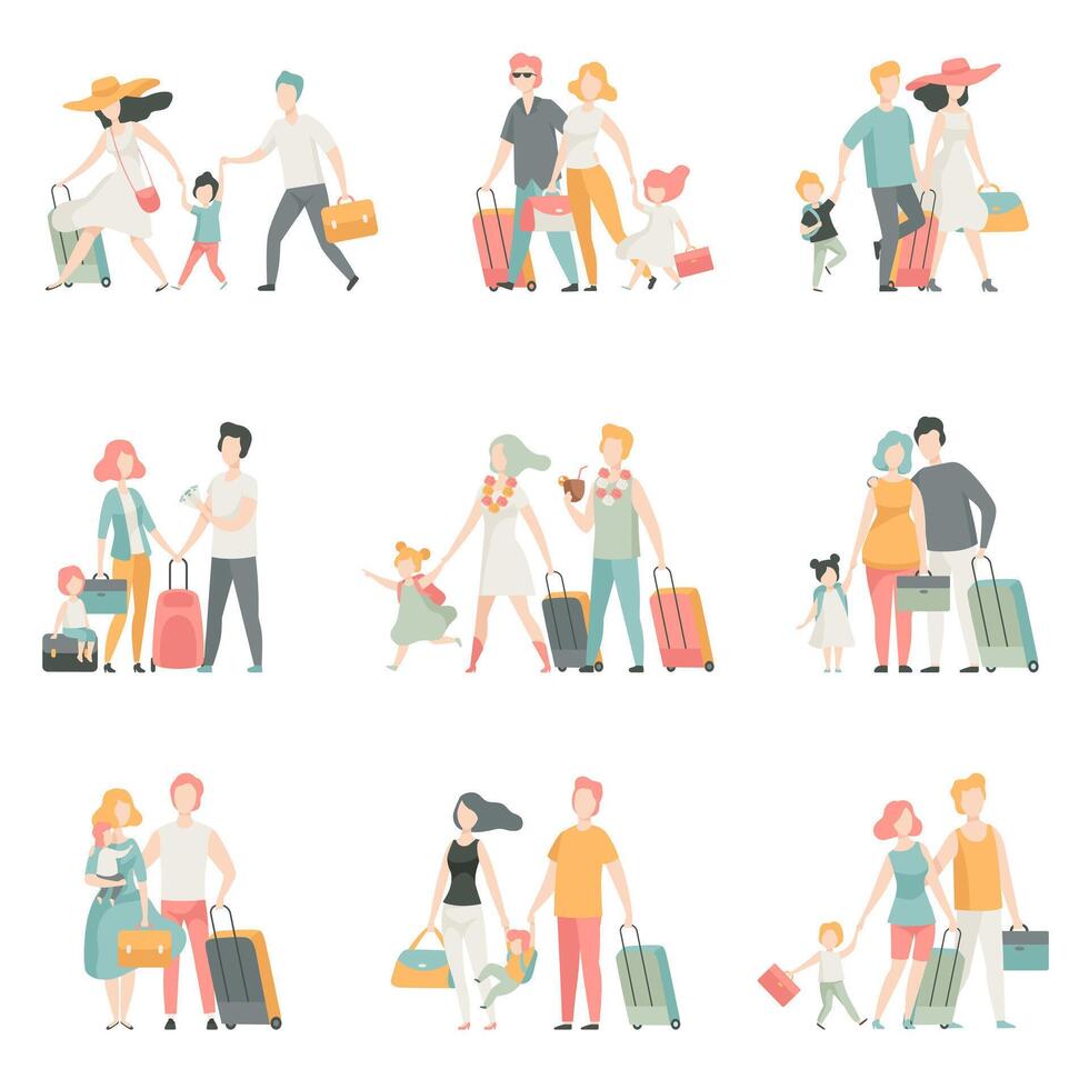 Family travel Set, Father, Mother and Kids Characters Travelling Together, Happy family Illustration vector