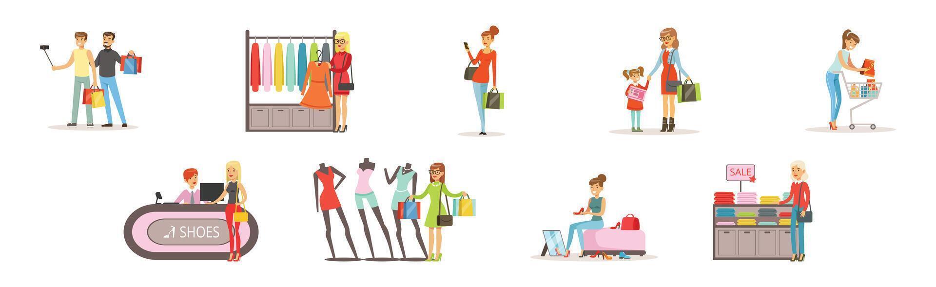 People Character Shopping at Store Make Purchase Set vector