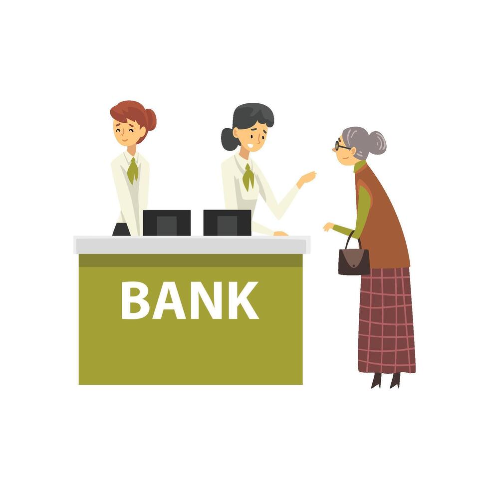 Elderly Woman Consulting at Manager, Bank Office Reception Service Meeting Client Illustration vector
