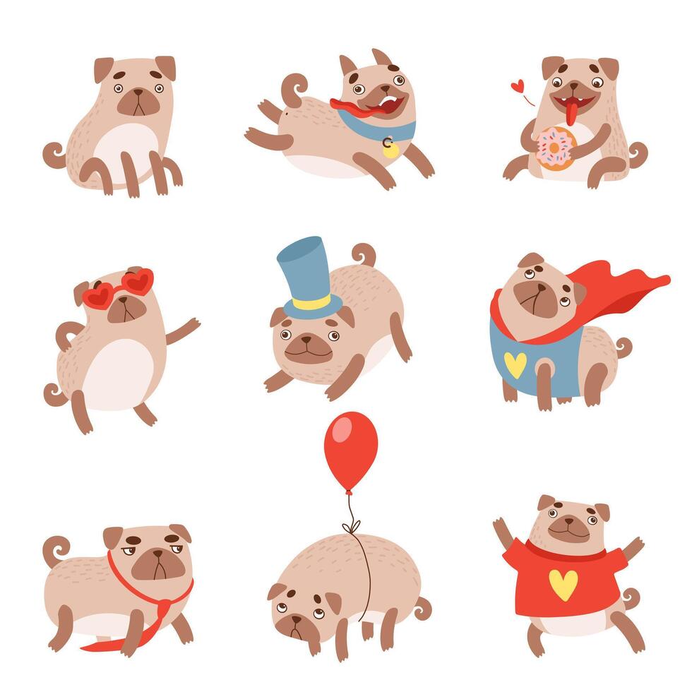 Funny Pug Dog Set, Cute Pet Animal Character in Different situations Illustration vector