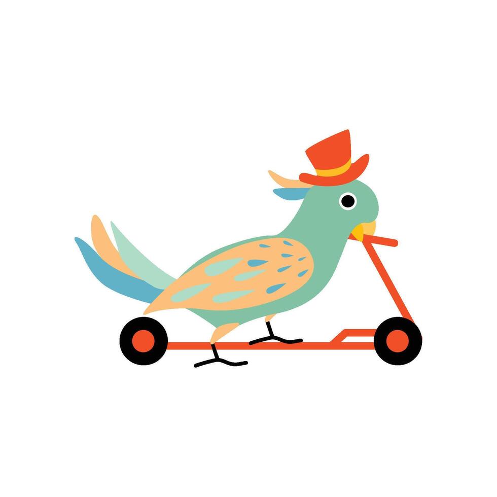 Parrot Wearing Top Hat Riding on Kick Scooter, Cute Funny Animal Performing in Circus Show Illustration vector