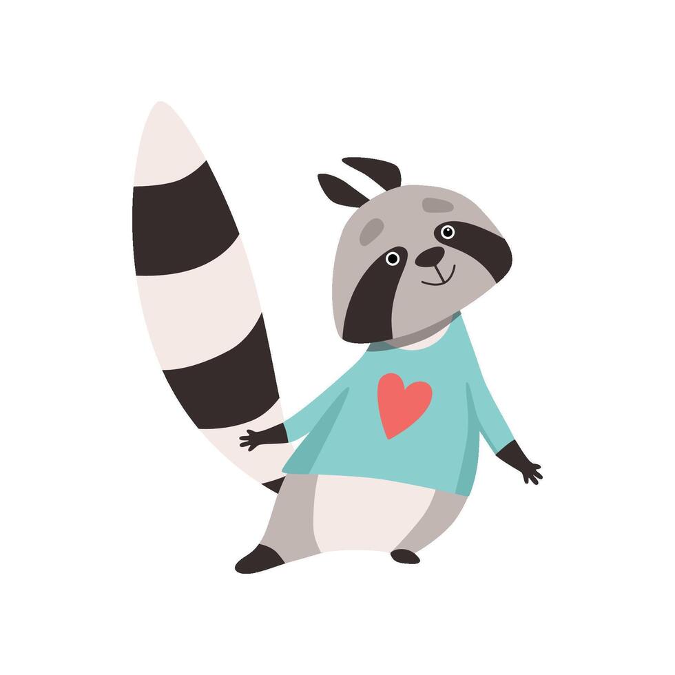 Cute Raccoon Wearing Longsleeve with Heart, Funny Humanized Grey Animal Character Illustration vector