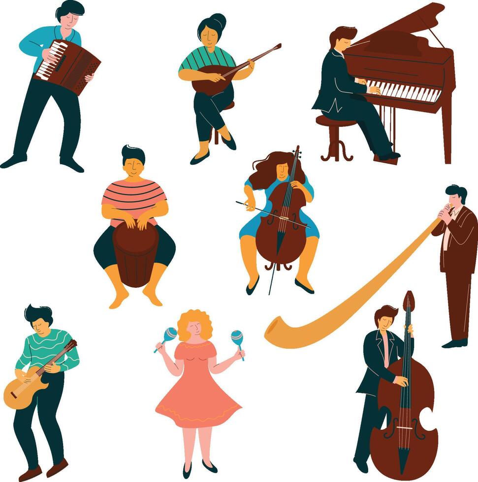 Male and Female Musicians Characters set, People Playing on Classic and Modern Instruments Illustration vector