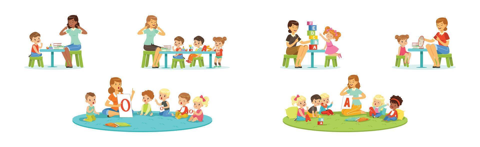 Preschool Boy and Girl Sitting on the Floor with Alphabet Letter Set vector