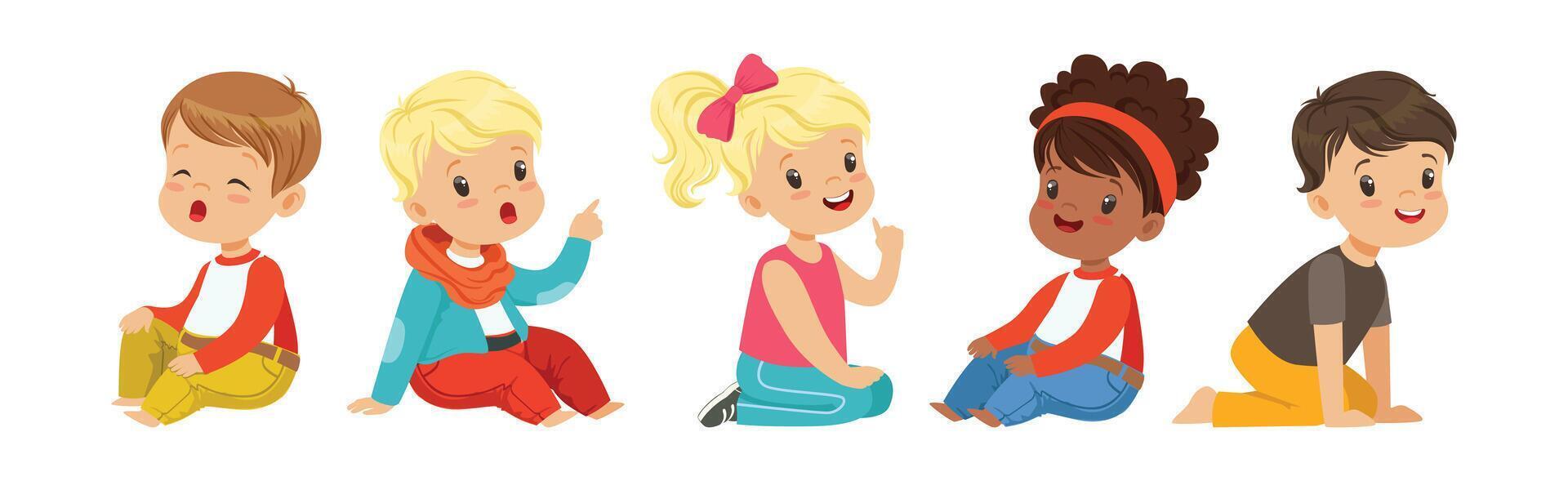 Preschool Boy and Girl Sitting on the Floor Set vector