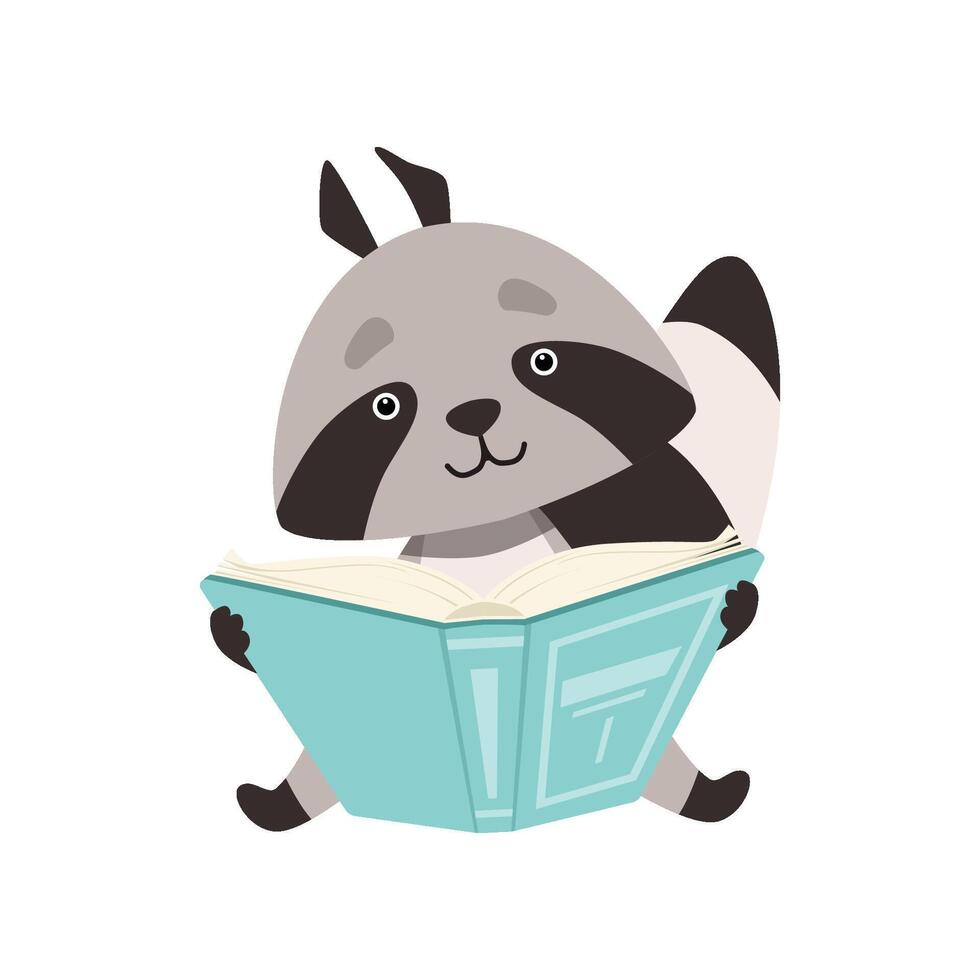 Cute Raccoon Sitting and Reading Book, Funny Humanized Grey Animal Character Illustration vector