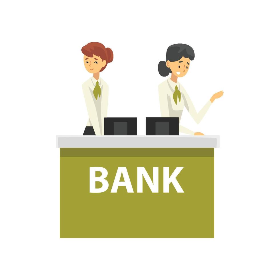 Managers Working at Reception Desk at Bank Office, Female Bank Workers Providing Services to Customers Illustration vector
