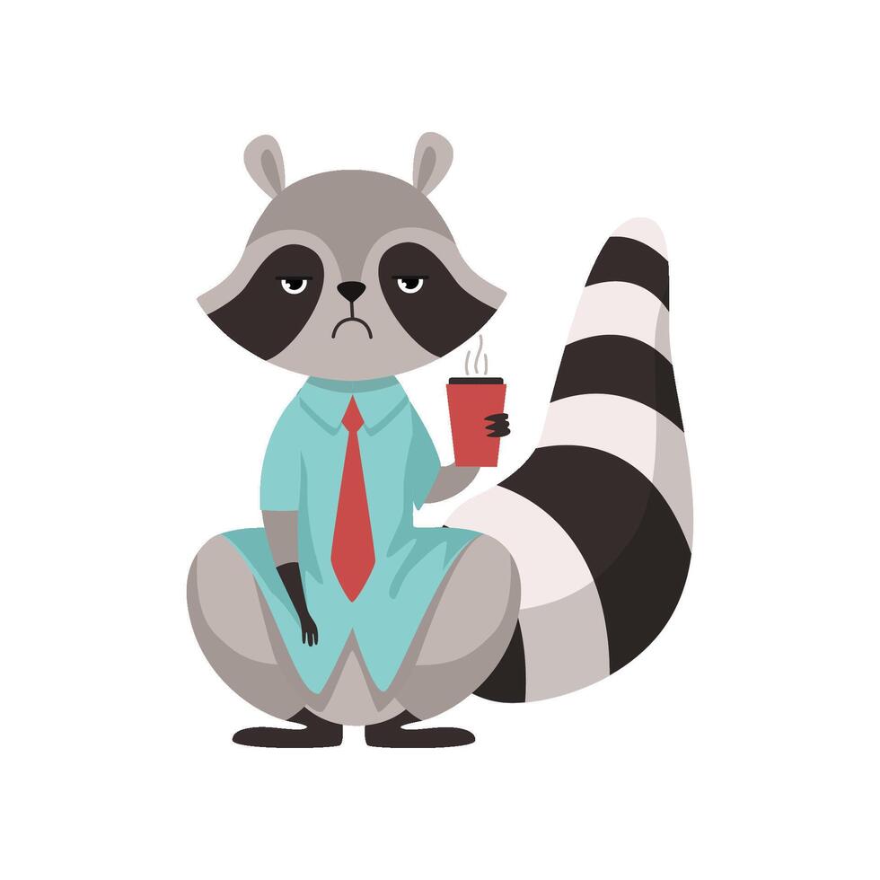 Raccoon Businessman Character Standing with Cup of Coffee Dressed Shirt and Tie, Funny Humanized Grey Animal Illustration vector