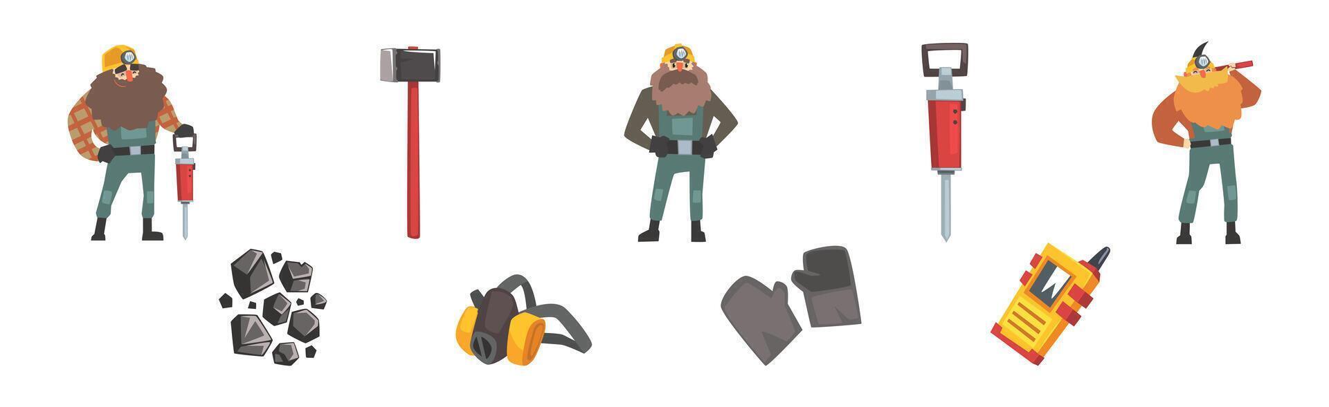 Mining Industry with Man Worker and Tool and Extracting Equipment Set vector