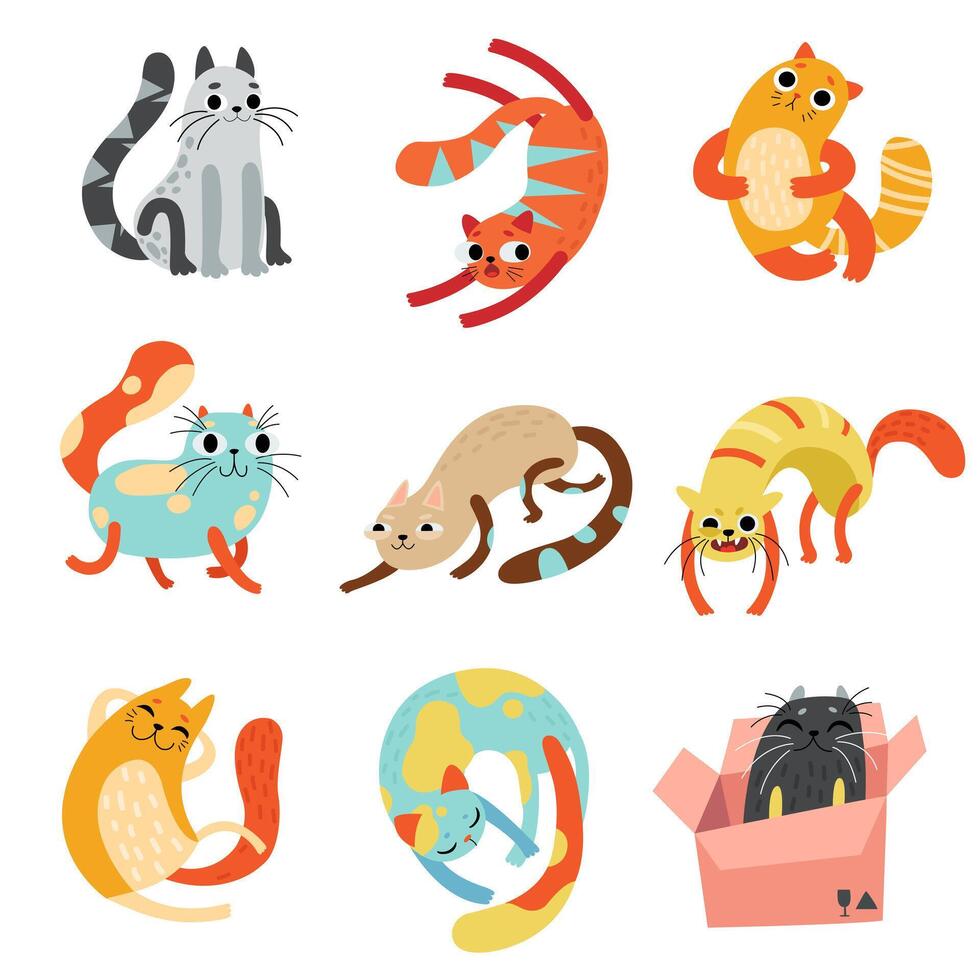 Collection of Cute Funny Cats in Different Poses Illustration vector