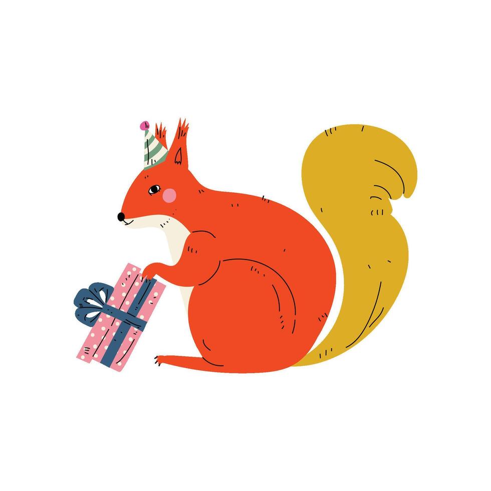 Squirrel Wearing Party Hat with Gift Box, Cute Animal Character for Happy Birthday Design Illustration vector