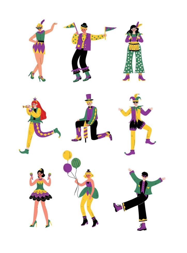 Circus Artists Set, Stage Comedian Performer in Bright Costumes Performing at Show Illustration vector