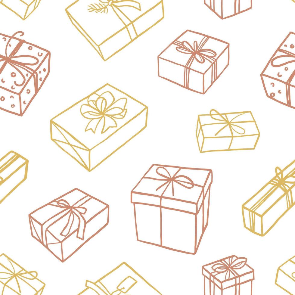 Gift boxes pattern in sketch style. Seamless background with gift boxes with bows. Illustration for greeting cards, invitations, posters, wrapping paper vector