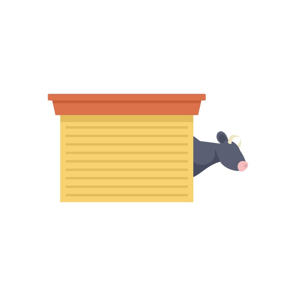 Black cow peeking out from wooden barn building vector