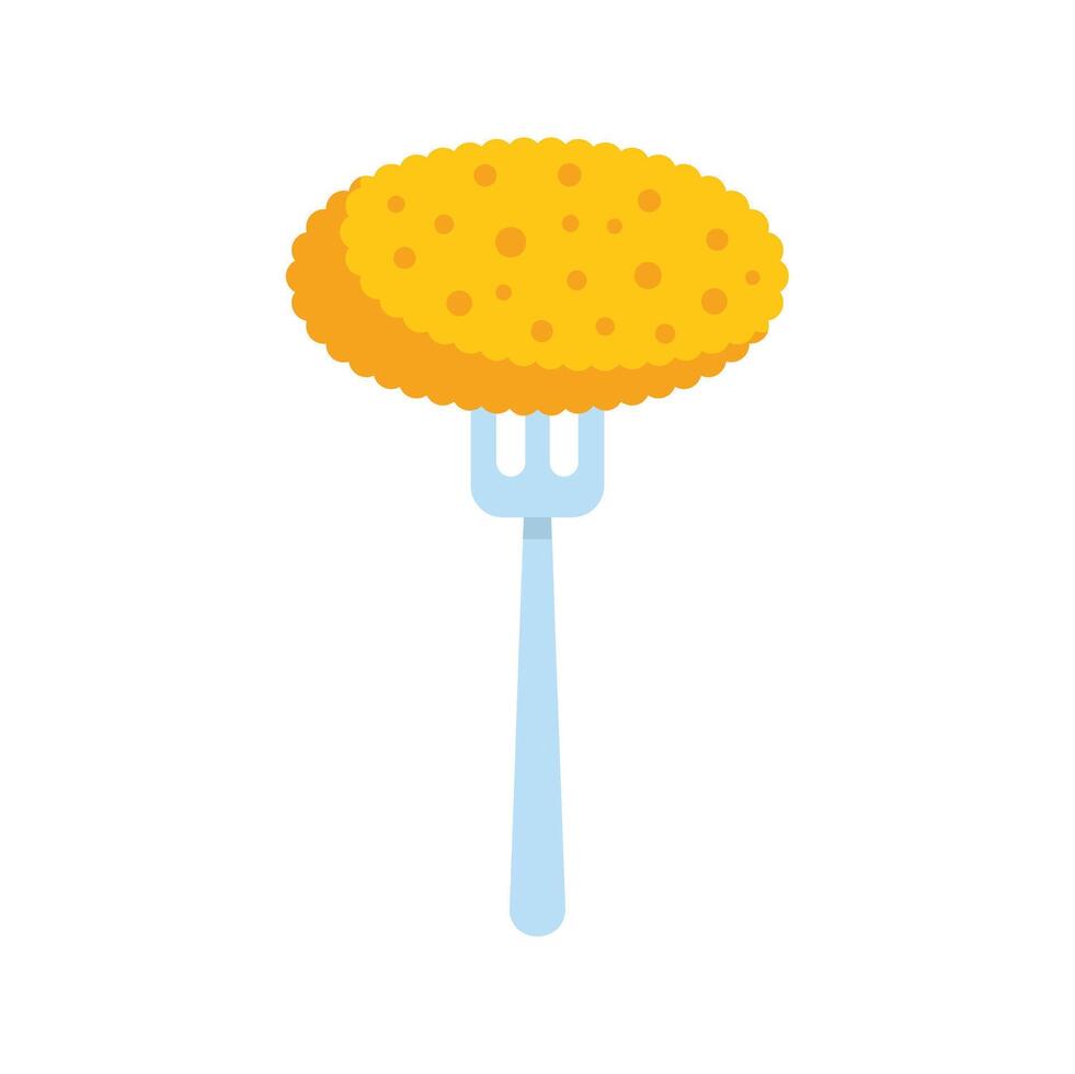 Fork holding breaded chicken nugget, cutlet or schnitzel vector