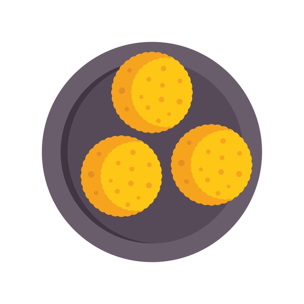 Plate holding three delicious round cookies flatlay vector