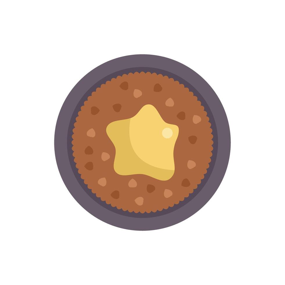 Delicious round chocolate chip cookie with yellow star shaped butter cream on top view dessert vector