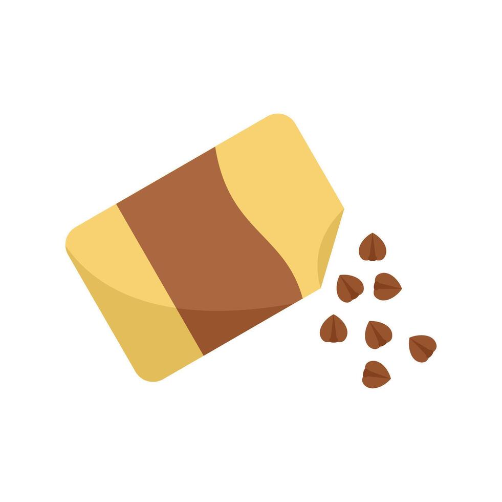 Open buckwheat package pouring out groats on white background vector